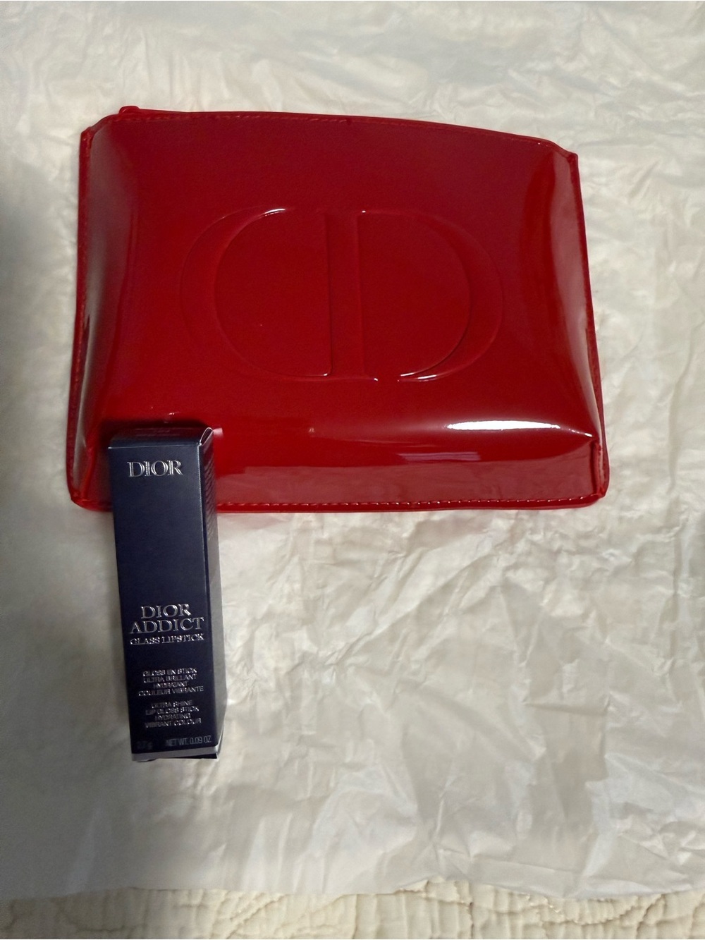 Dior Beauty Red Patent Makeup Pouch Set w/Dior Addict GLASS Lipstick! NWB ❤️